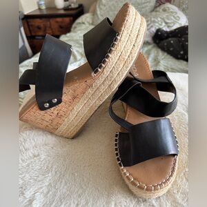 Soda Black and Tan Wedge Espadrilles with Crisscross Straps